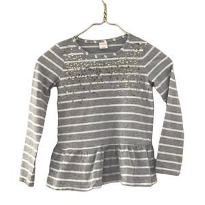 Gymboree Girls Gray Striped Ruffle Hem Blouse Sequin Cotton Size 7 Long Sleeve